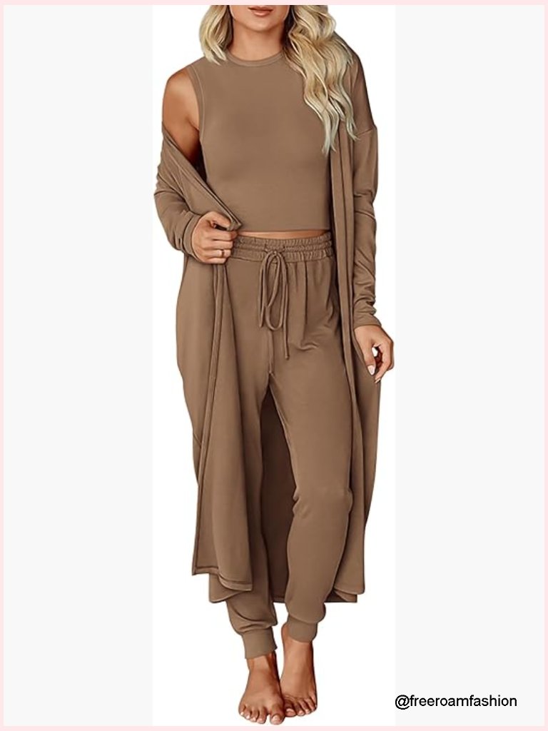 3 Piece Lounge Set Travel Outfits Sleeveless Top Jogger Pants Cardigan